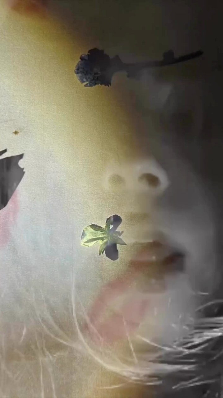 Artistic portrait of a child's face with floral overlays in a soft, muted color palette, creating an ethereal and dreamlike effect.