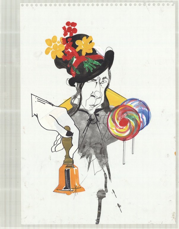 Illustration features a person in a flower-adorned hat holding a bell, with lollipops in the background, created with expressive lines and colors.