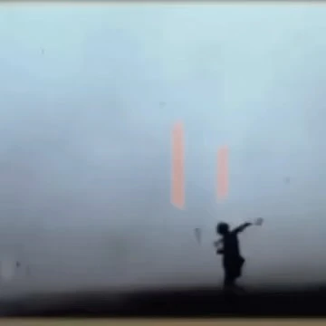 Silhouette of a child with arms outstretched against a pale sky, with abstract geometric forms in the background, creating an eerie scene.