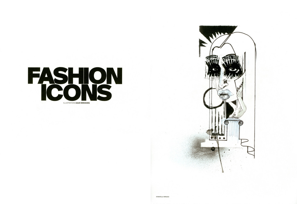 Fashion illustration featuring a striking face with exaggerated eyelashes and large hoop earrings, juxtaposed with bold text and artistic details.