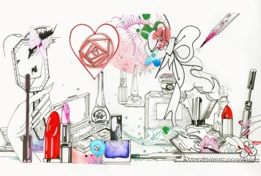 Mixed media fashion illustration by Julie Verhoeven featuring cosmetics, perfume bottles, red hearts, and abstract ink line drawings.