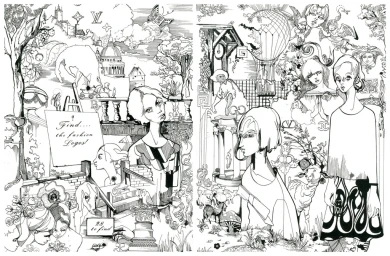 Detailed black and white ink illustration featuring stylized female figures, architectural elements, and scattered luxury fashion logos.