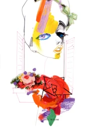 Mixed media fashion illustration of a stylized female face with vibrant yellow paint strokes, floral elements, and a green bow headband.