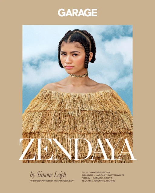 Zendaya poses for a magazine cover, wearing a natural fiber dress against a light blue sky. Braided hair and gold choker complete the look.
