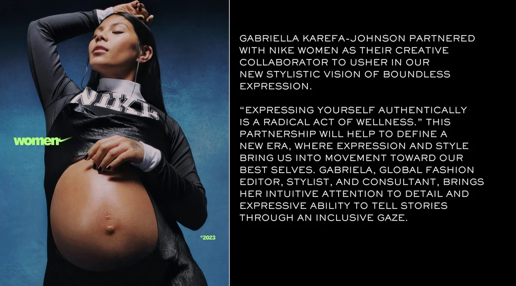 Pregnant woman in black top with Nike logo poses against blue background in fashion shot for Nike Women campaign. Year 2023.