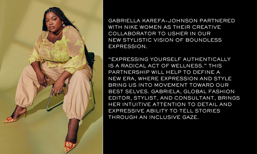 A plus-size African American woman sits on a chair wearing a yellow and beige top with beige pants and patterned heels in a studio.