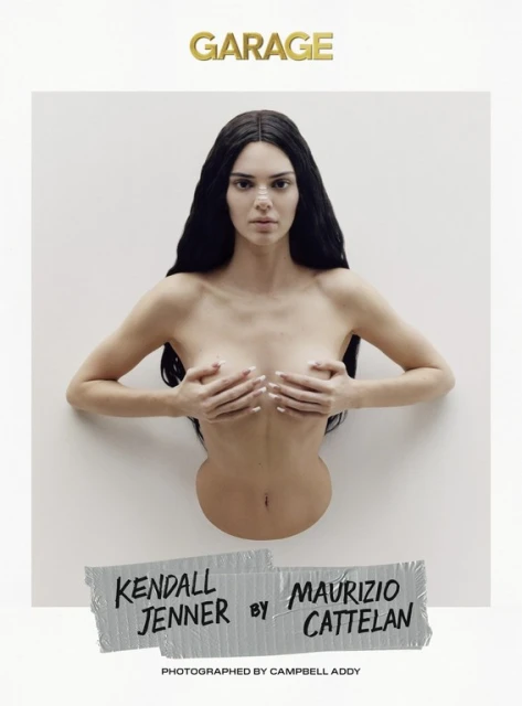 Kendall Jenner topless portrait with hands covering breasts in a conceptual photograph for Garage magazine, shot in a photo studio setting.