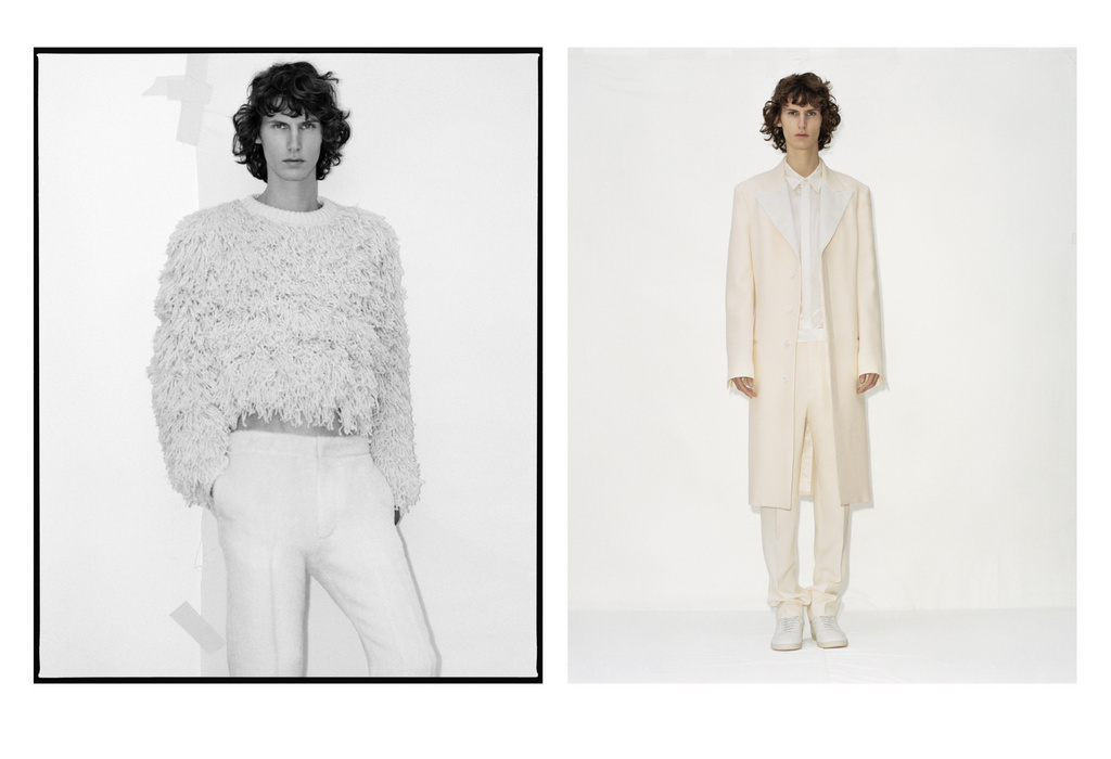 Two fashion shots: a male model wears a fringe sweater and white pants on the left, and a white coat and pants on the right.