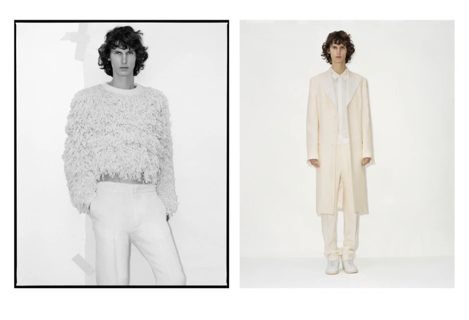 Two fashion shots: a male model wears a fringe sweater and white pants on the left, and a white coat and pants on the right.