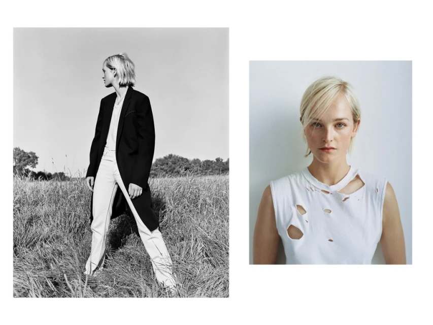 Black and white diptych: stylish woman in field wearing long coat, juxtaposed with a close-up of her wearing distressed white top.