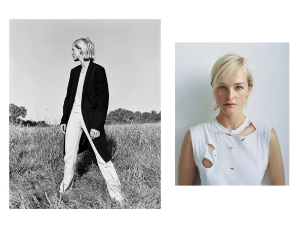 Black and white diptych: stylish woman in field wearing long coat, juxtaposed with a close-up of her wearing distressed white top.