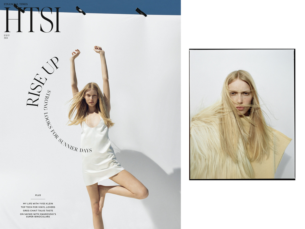 Fashion magazine cover featuring a slender adult female posing in a white dress and another image of the same model in a sweater.