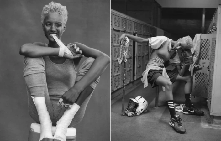 Black and white studio portrait of an athlete with platinum blonde hair sitting on a stool and another athlete sitting in a locker room.