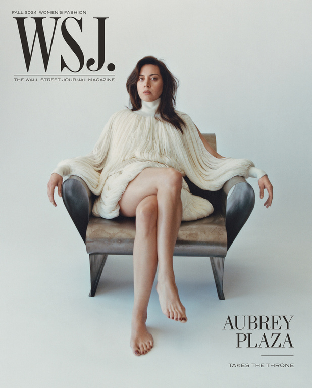 Aubrey Plaza on WSJ Magazine cover, Fall 2024 Women's Fashion, seated in chair wearing fringed sweater dress against white backdrop.