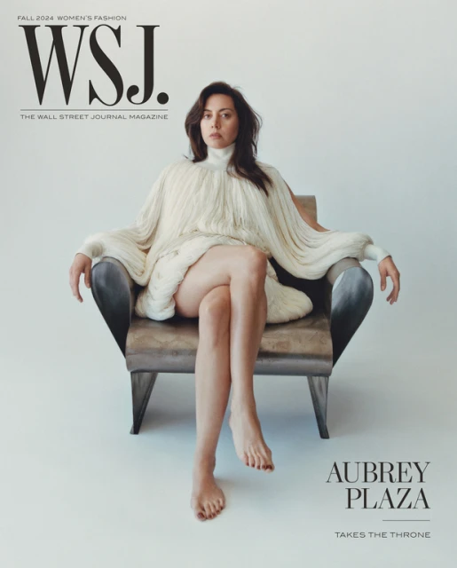 Aubrey Plaza on WSJ Magazine cover, Fall 2024 Women's Fashion, seated in chair wearing fringed sweater dress against white backdrop.