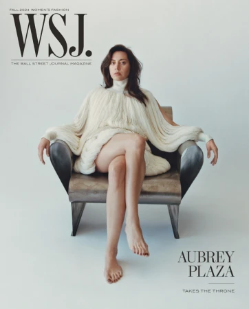 Aubrey Plaza on WSJ Magazine cover, Fall 2024 Women's Fashion, seated in chair wearing fringed sweater dress against white backdrop.