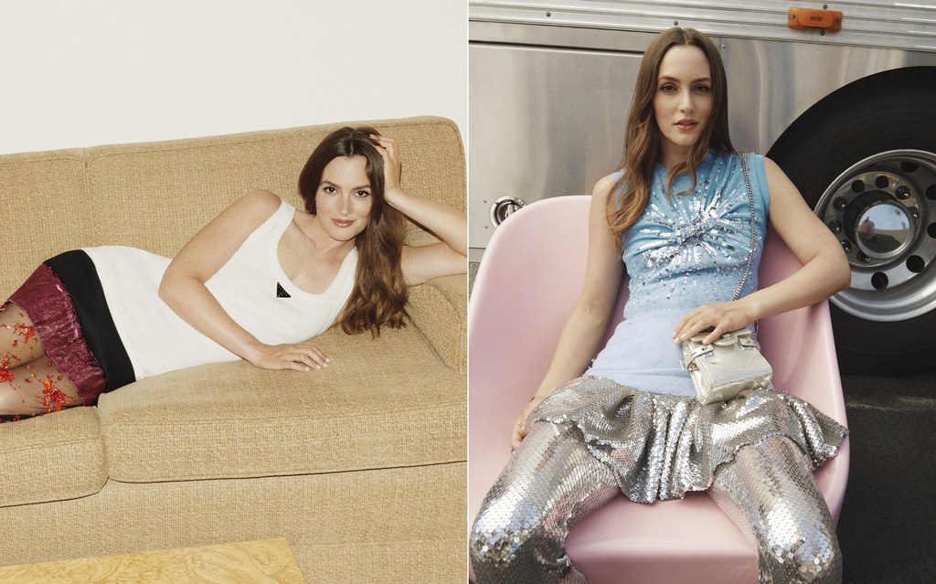 Leighton Meester poses in split fashion editorial: lounging in a tank top and floral skirt, then sitting in shiny pants by a trailer.
