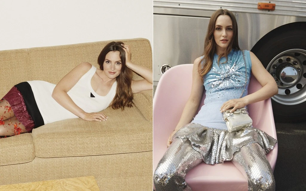 Leighton Meester poses in split fashion editorial: lounging in a tank top and floral skirt, then sitting in shiny pants by a trailer.
