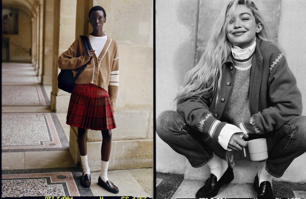 Two women in preppy fashion. One wears a cardigan and plaid skirt in a hallway. The other, in B&W, has a cardigan, jeans, and coffee.