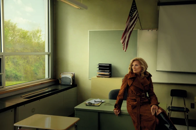Woman in a brown coat sitting on a desk in a classroom with an American flag hanging in the background and a window with trees.
