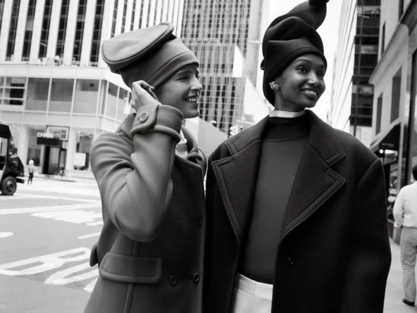 Two stylish women model vintage-inspired coats and hats in a monochrome outdoor fashion shot on a city street with skyscrapers.