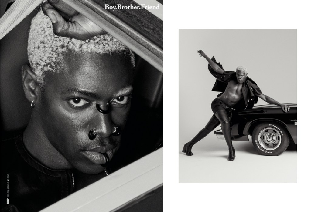Black and white studio portraits of a dark-skinned adult male model with platinum hair, black leather jacket and leggings, car, and jewelry.