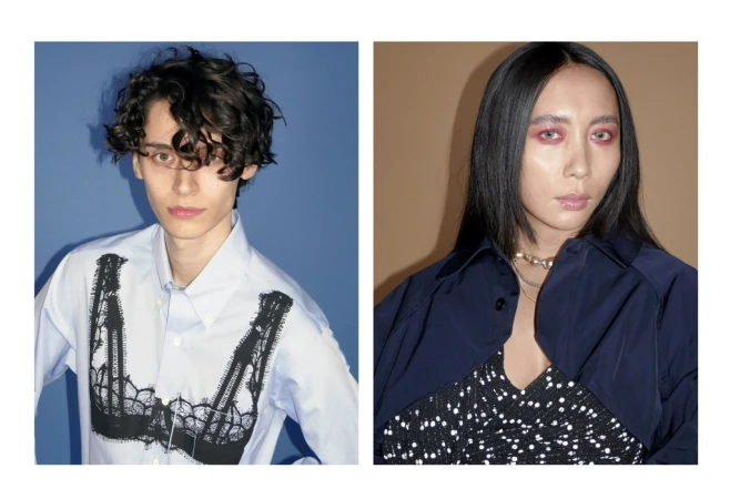 Two portraits featuring fashion styling by Kk Obi, showing two distinct models against solid blue and neutral backdrops.