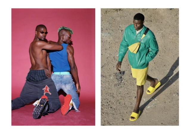 Two panels showing fashion styling by Kk Obi: two men posing against a red background and a man walking in a green jacket on sand.