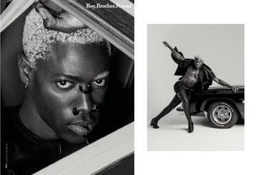 Black-and-white editorial double-page spread featuring a close-up portrait and a full-length shot of a man with bleached hair posing by a car.