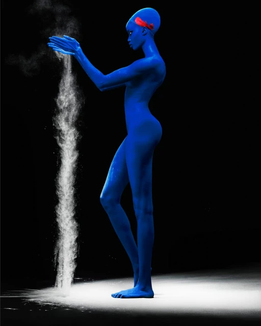 A blue-skinned person stands in profile, pouring white powder from cupped hands in a stark studio shot against a black backdrop.