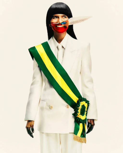 Studio portrait of a woman in a white suit with a decorative sash and face paint, conveying a blend of fashion and cultural elements.