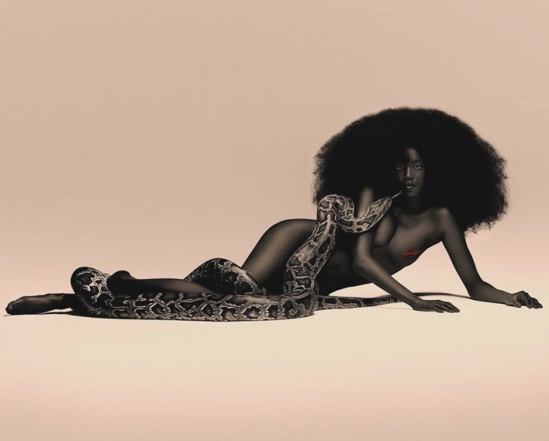 Striking photo of a Black female model with natural hair, draped with a large snake against a peach backdrop in a studio setting.