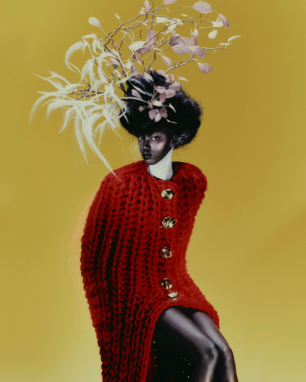 Elegant portrait of a woman with dark skin wearing a red knit coat and headpiece of feathers and twigs against a yellow background.
