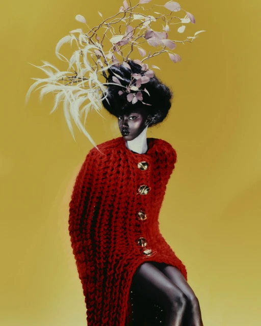 Elegant portrait of a woman with dark skin wearing a red knit coat and headpiece of feathers and twigs against a yellow background.