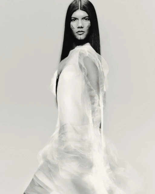 Fashion portrait of a woman with face makeup and a sheer white garment in a studio with soft lighting and a neutral backdrop.