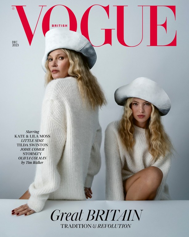British Vogue cover, December 2023 issue, features Kate and Lila Moss wearing knit sweaters and matching hats, against a neutral backdrop.