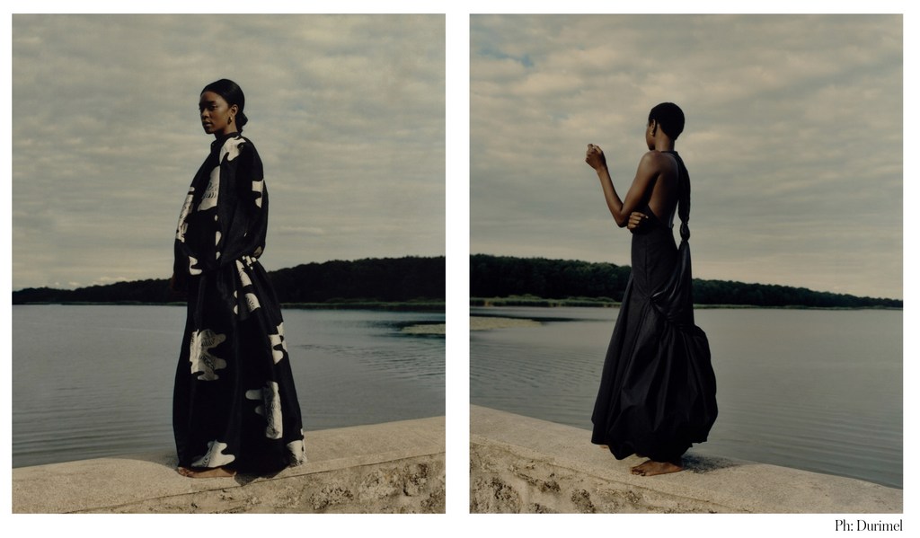 Two images show a Black woman in a dark dress by a lake under a cloudy sky, fashion and nature blend in an editorial aesthetic.