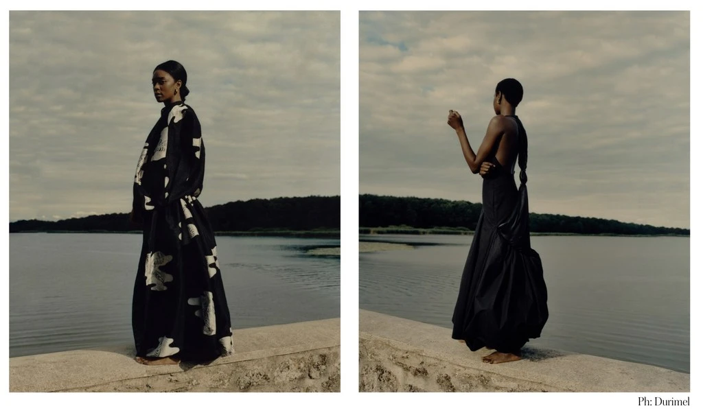 Two images show a Black woman in a dark dress by a lake under a cloudy sky, fashion and nature blend in an editorial aesthetic.