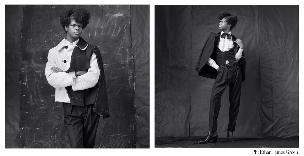 Black and white fashion portraits of a male model wearing tailored menswear with textured background in studio, posing in different outfits.
