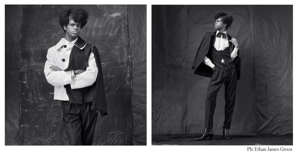 Black and white fashion portraits of a male model wearing tailored menswear with textured background in studio, posing in different outfits.