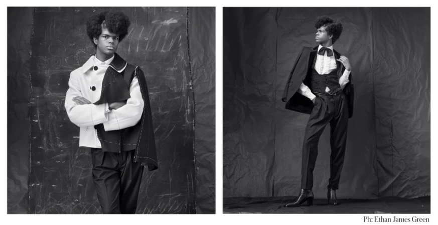 Black and white fashion portraits of a male model wearing tailored menswear with textured background in studio, posing in different outfits.