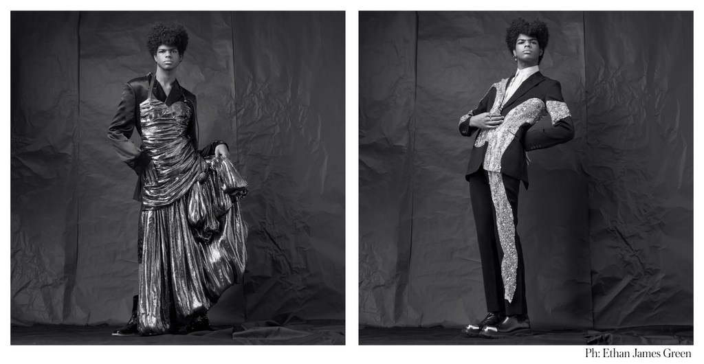 Monochrome diptych: person in black suit with silver embellishments and dress with silver pleated skirt against gray backdrop.