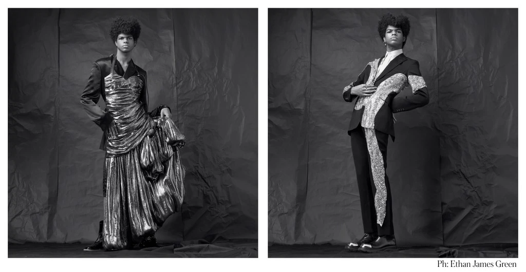 Monochrome diptych: person in black suit with silver embellishments and dress with silver pleated skirt against gray backdrop.