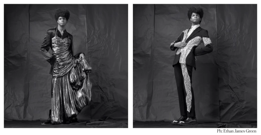 Monochrome diptych: person in black suit with silver embellishments and dress with silver pleated skirt against gray backdrop.