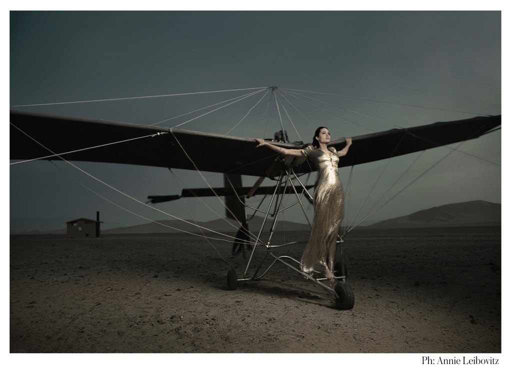 Fashion shot of a woman in a gold gown standing on an airplane wing in a desert landscape against a stormy sky. By Annie Leibovitz.