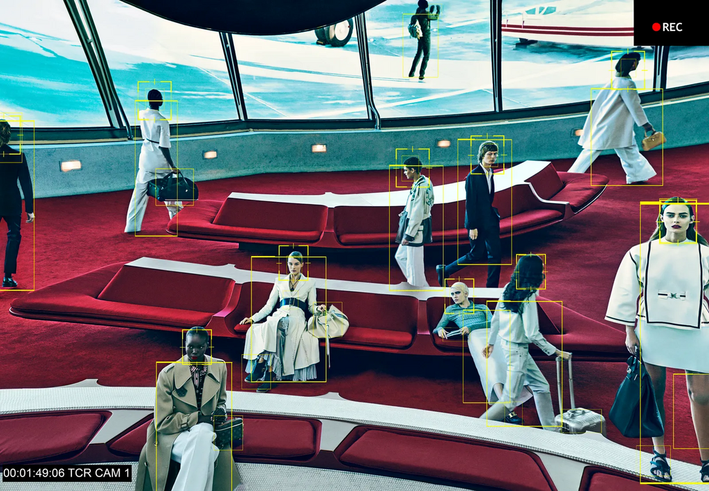 Fashion shoot in airport waiting area featuring diverse models in contemporary outfits, red seating, and large windows with blue sky.