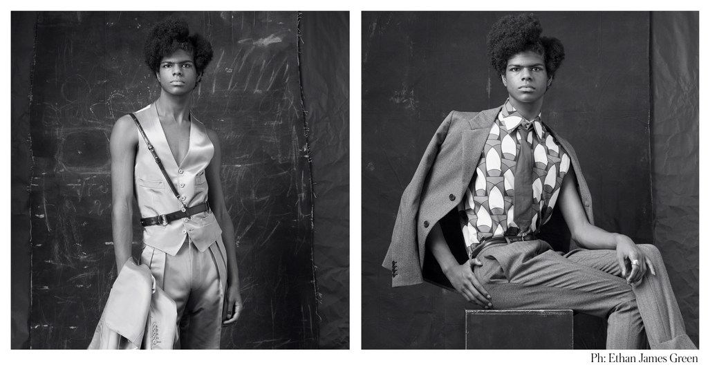Diptypt black and white editorial portrait of a young Black man wearing patterned shirt, vest, and trousers styled by Phyllis Posnick