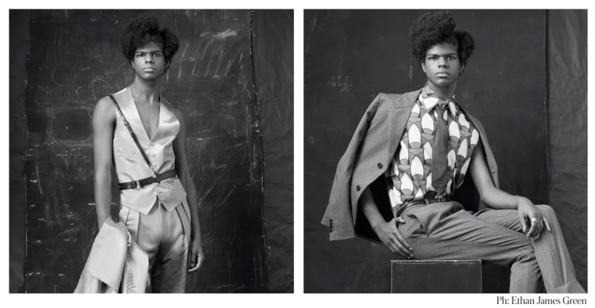 Diptypt black and white editorial portrait of a young Black man wearing patterned shirt, vest, and trousers styled by Phyllis Posnick