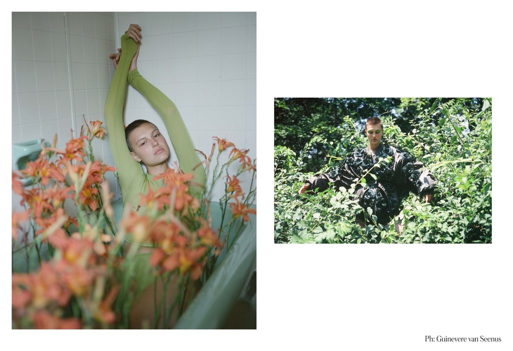 Artistic collage with a young woman in a bathtub surrounded by orange lilies and another woman obscured in a thick green forest.