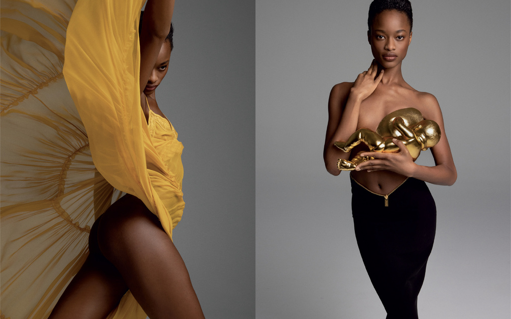 Two-panel fashion portrait showcases an adult female model in yellow fabric and holding a gold figure against a grey backdrop. Studio lit.